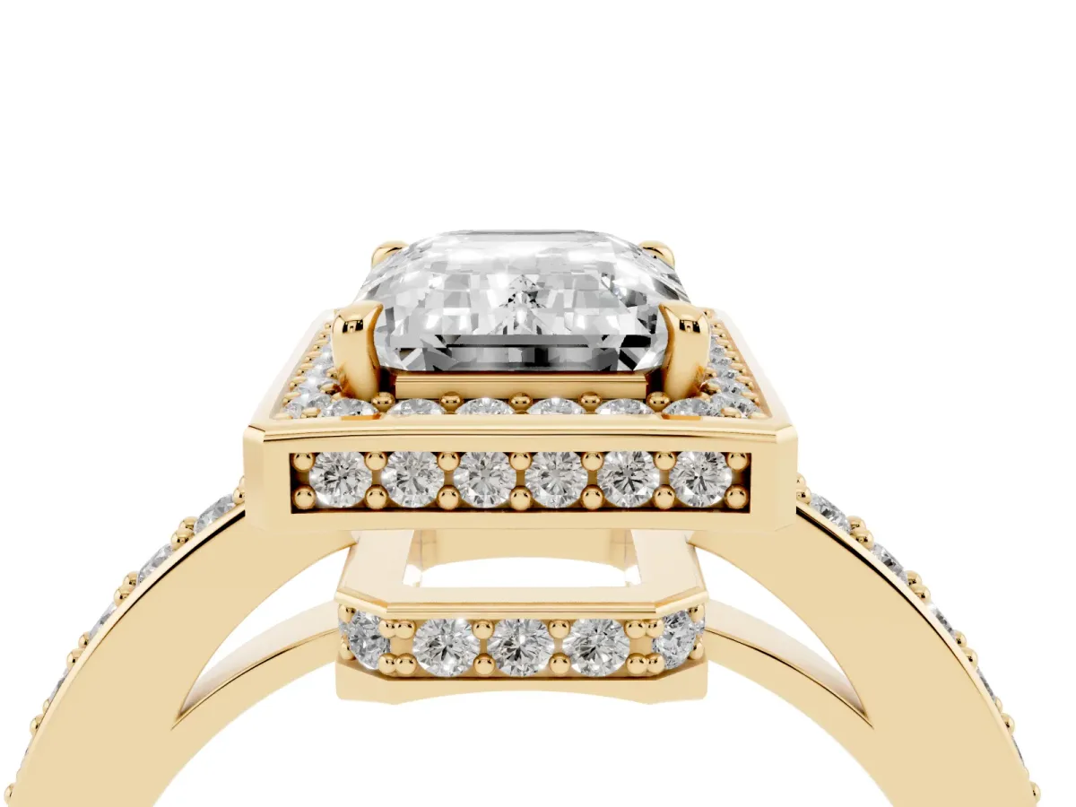 Emerald Cut Halo Pave Band Solitaire Ring with Prong Setting Yellow gold
