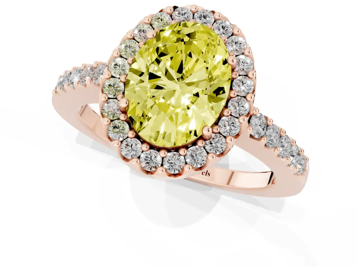 Fancy Yellow Oval Cut Halo Diamond Pavé Solitaire Ring Rose gold