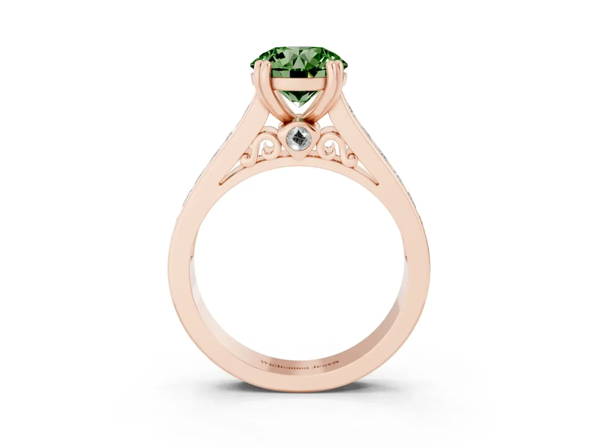 Fancy Green Round Cut Cut Channel Set Solitaire Engagement Ring with Prong Setting Rose gold