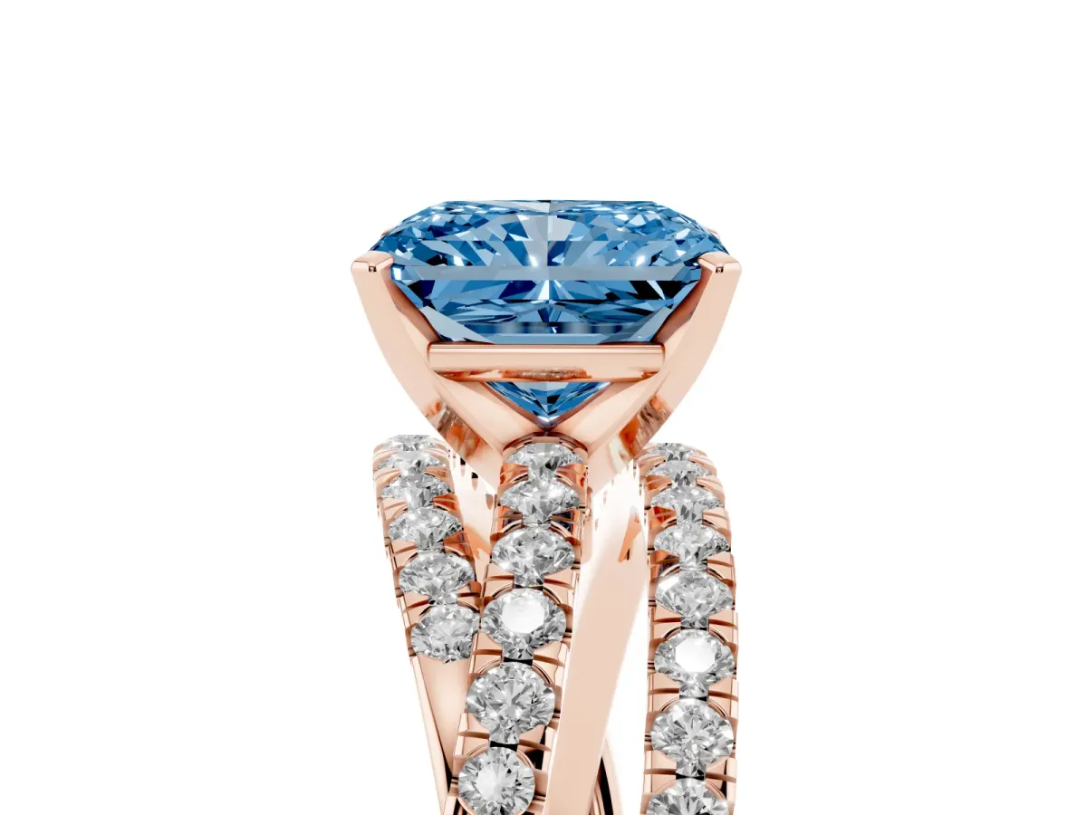 Fancy Blue Radiant Cut Solitaire Twist Band with Pavé Setting and Four-Prong Setting Rose gold
