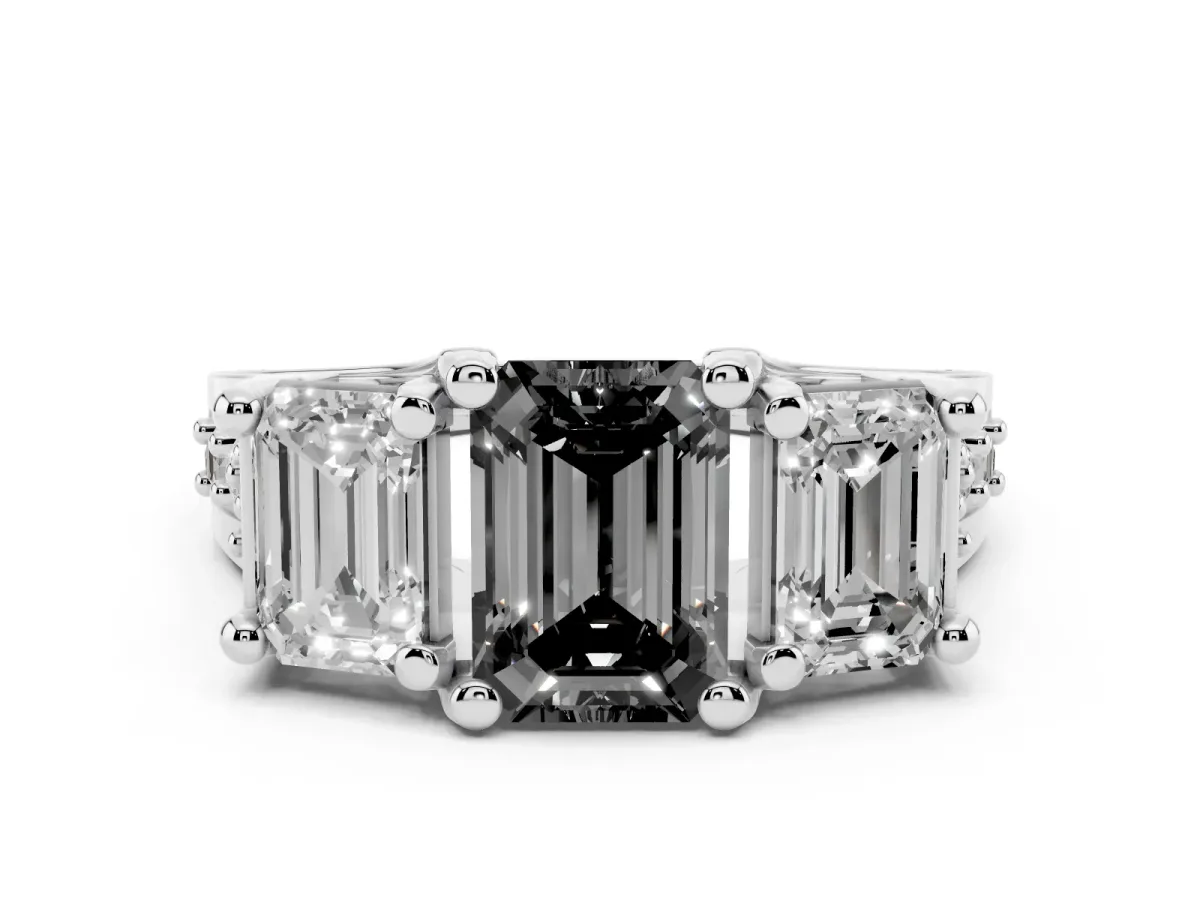 Fancy Black Emerald Cut Diamond Three-Stone Ring with Channel Set Band and Four-Prong Setting Silver
