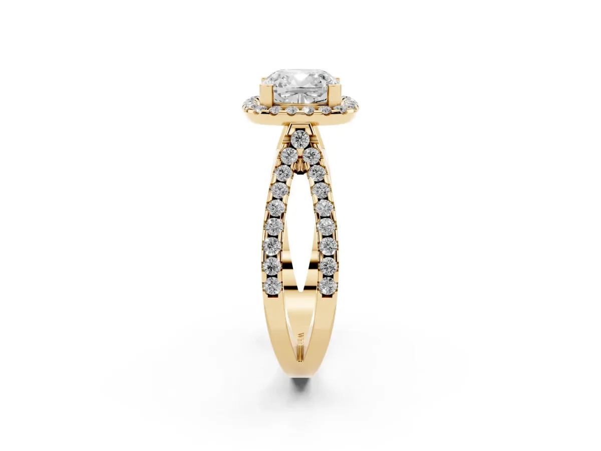 Cushion Cut Diamond Halo Ring with Split Shank Pavé Band and Prong Setting Yellow gold