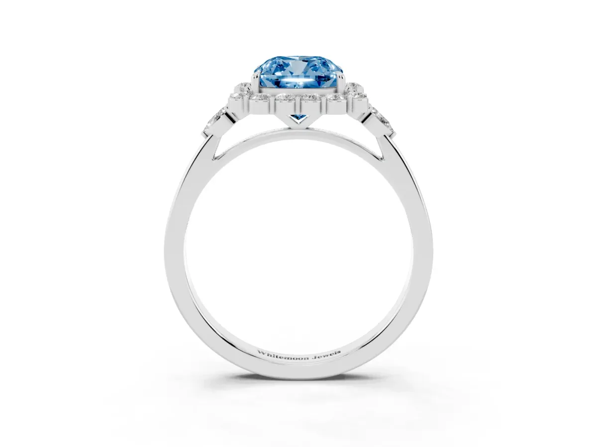 Fancy Blue Cushion Cut Diamond Halo Ring with Pear Side Stones and Prong Setting Silver