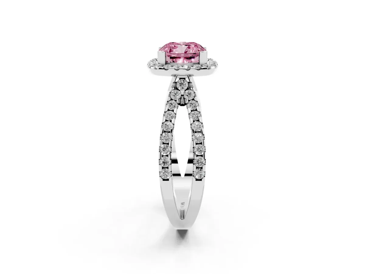 Fancy Pink Cushion Cut Diamond Halo Ring with Split Shank Pavé Band and Prong Setting Platinum