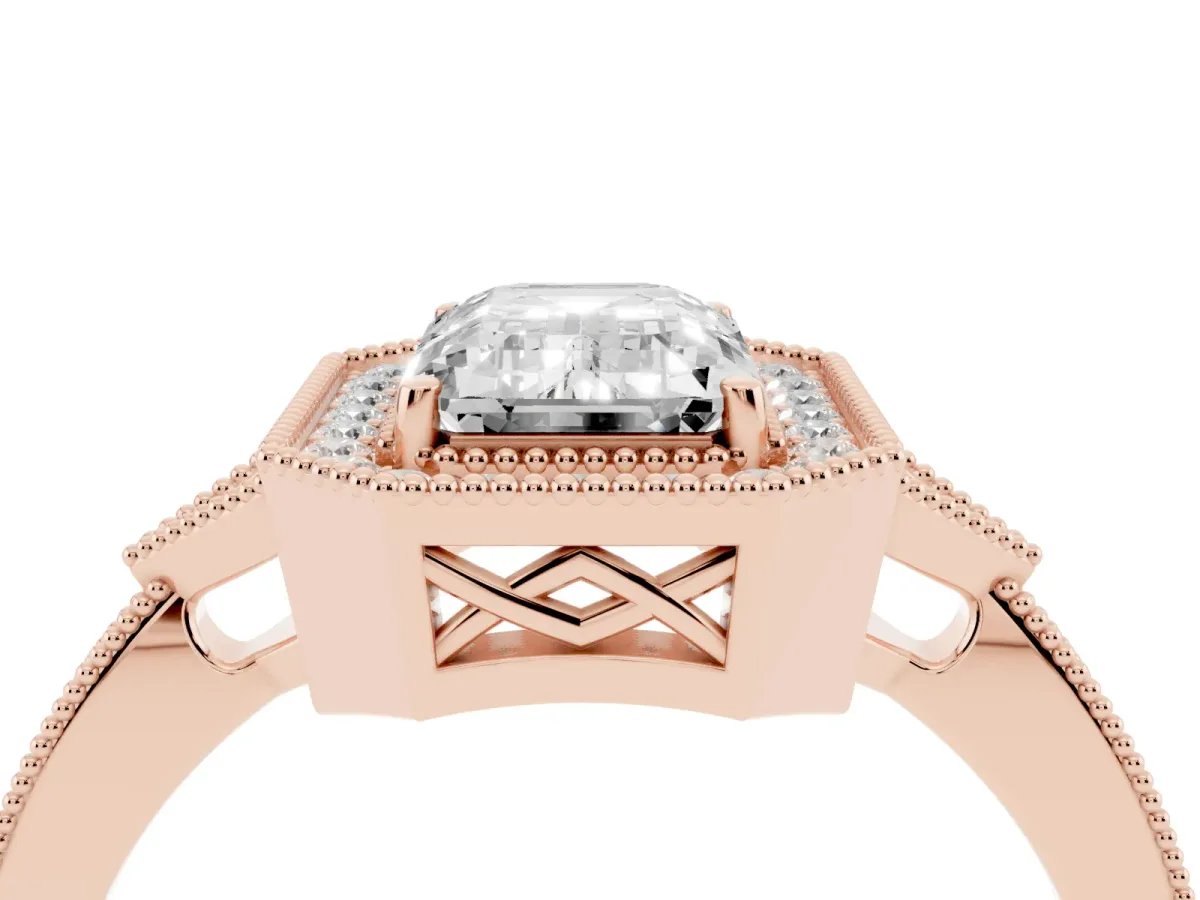 Emerald Cut Halo Round Diamond Milgrain Pave Engagement Ring Rose gold