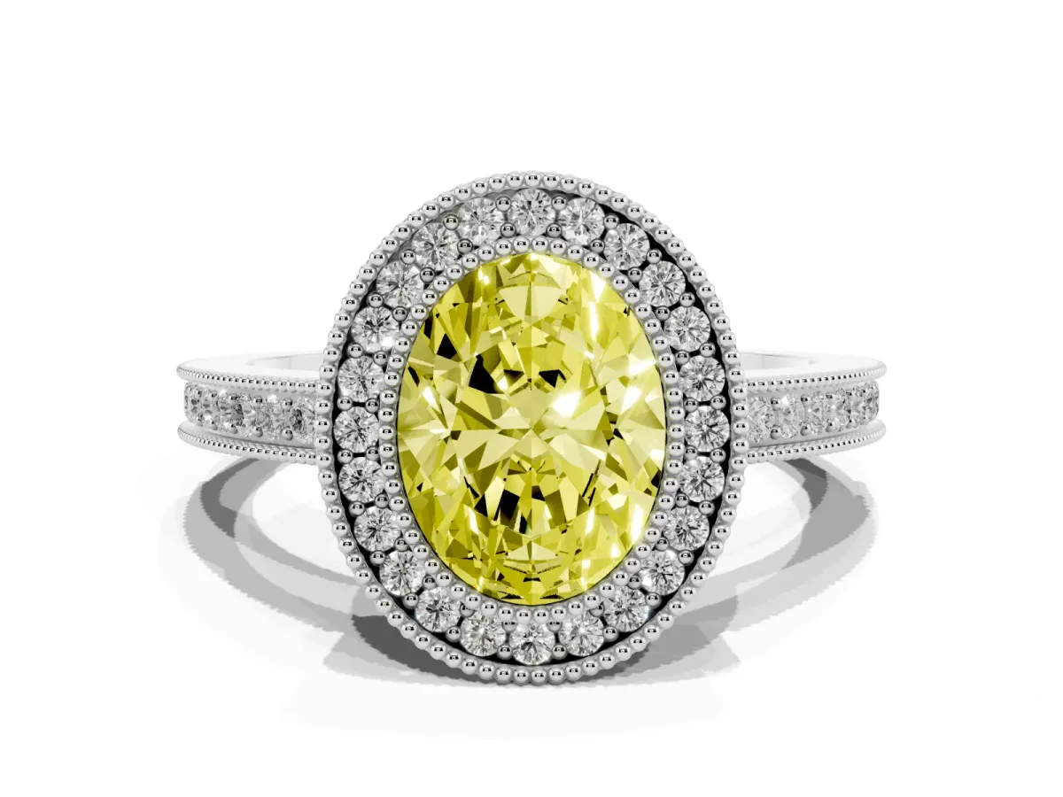 Fancy Yellow Oval Cut Cut Halo Diamond Ring with Pavé Band and Milgrain Prong Setting Platinum