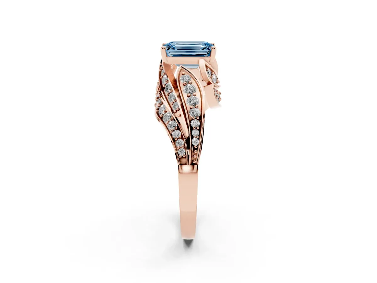 Fancy Blue Emerald Cut Diamond Solitaire Ring with Prong Setting and Twisted Pavé Band Rose gold