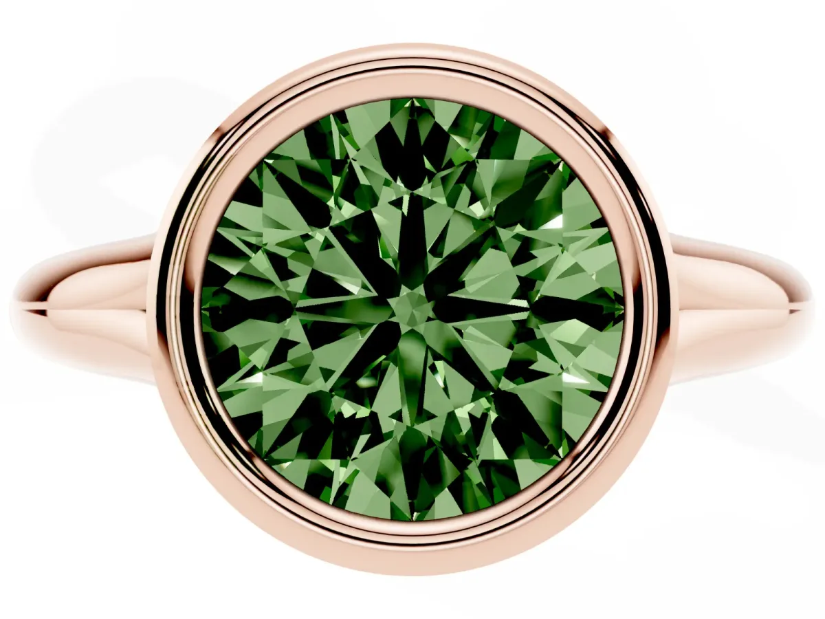 Fancy Green Bezel Set Round Cut Solitaire Diamond Ring with Smooth Band Rose gold