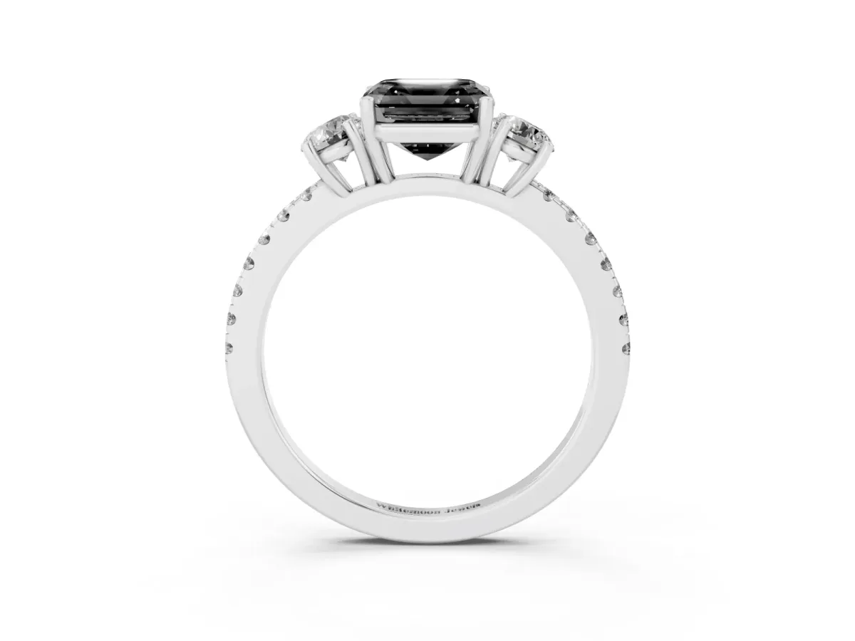 Fancy Black Three-Stone Asscher Cut Cut Diamond Pavé Band with Prong Setting White gold