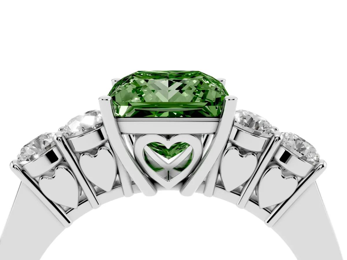 Fancy Green Princess Cut Cut Diamond Five-Stone Prong Set White Gold Ring Silver
