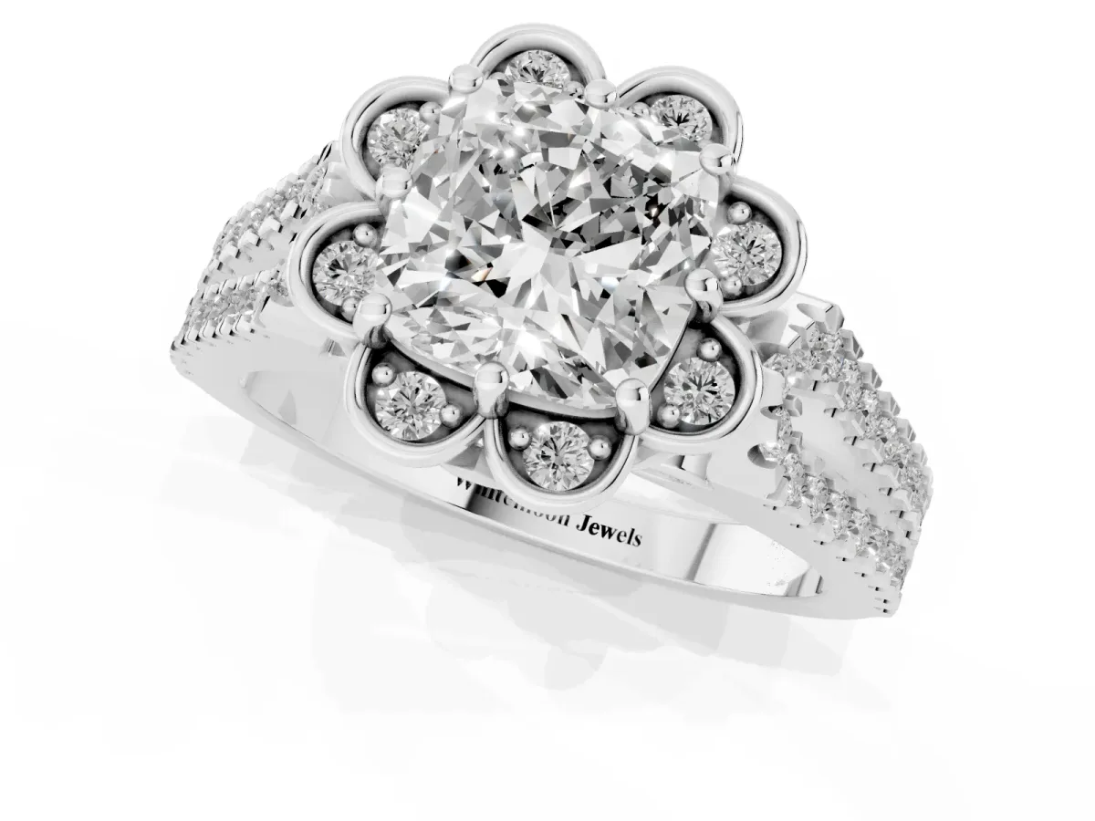 Cushion Cut Halo Diamond Floral Split Shank Engagement Ring Platinum