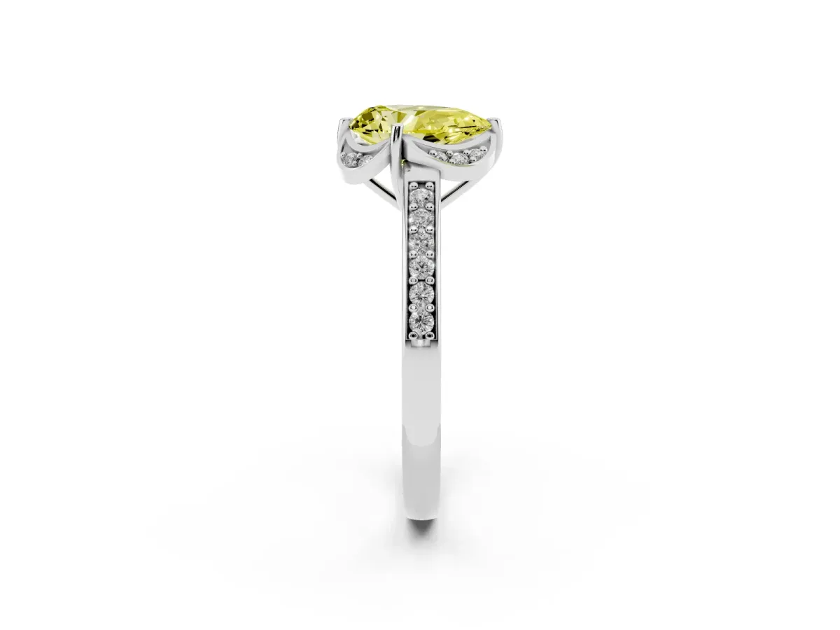 Fancy Yellow Pear Cut Cut Halo Diamond Ring with Channel Set Band and Four-Prong Setting White gold