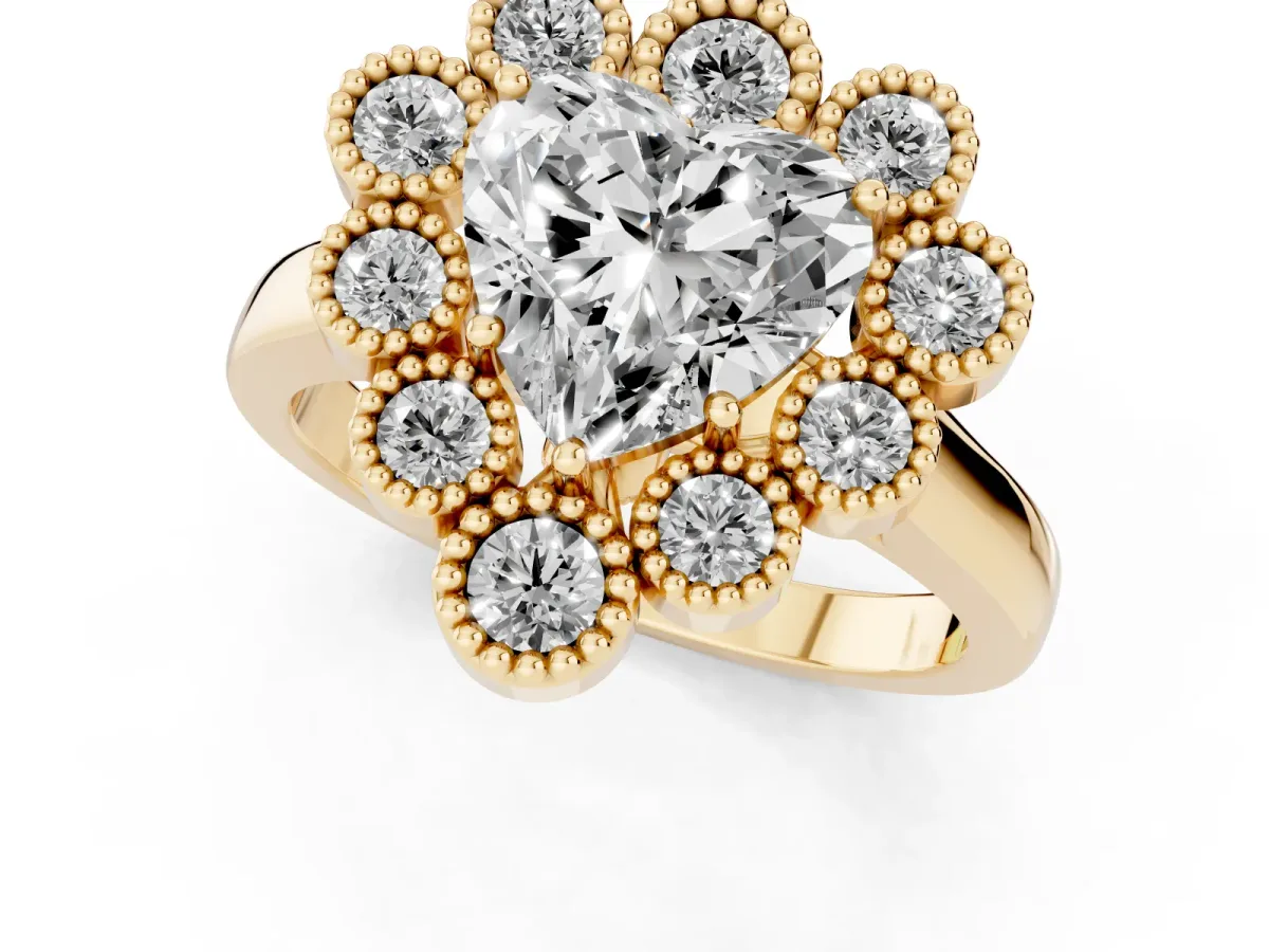 Heart Cut Halo Diamond Cluster Engagement Ring with Milgrain Bezel Setting and Solitaire Band Yellow gold