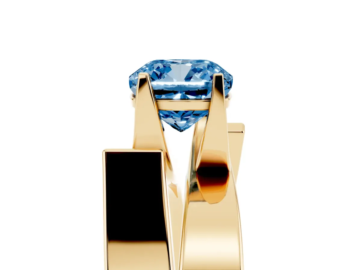 Fancy Blue Modern Tension Set Cushion Cut Diamond Solitaire Wide Band Ring Yellow gold