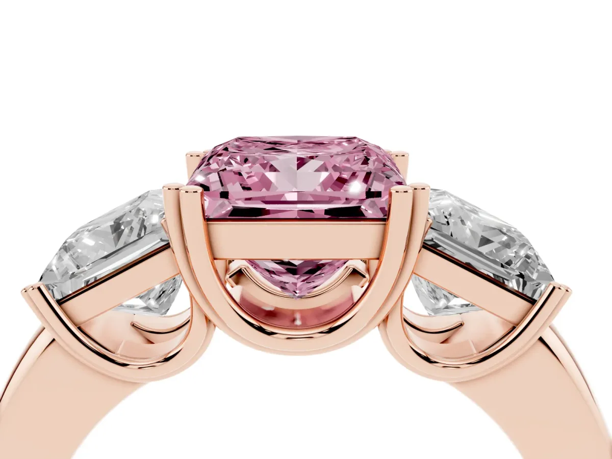 Fancy Pink Three-Stone Princess Cut Cut Diamond Ring with Channel Set Band and Four-Prong Setting Rose gold