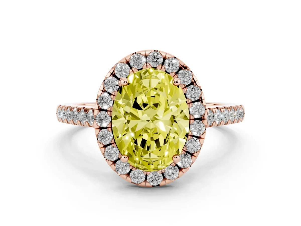 Fancy Yellow Oval Cut Halo Pavé Diamond Engagement Ring with Four-Prong Setting Rose gold