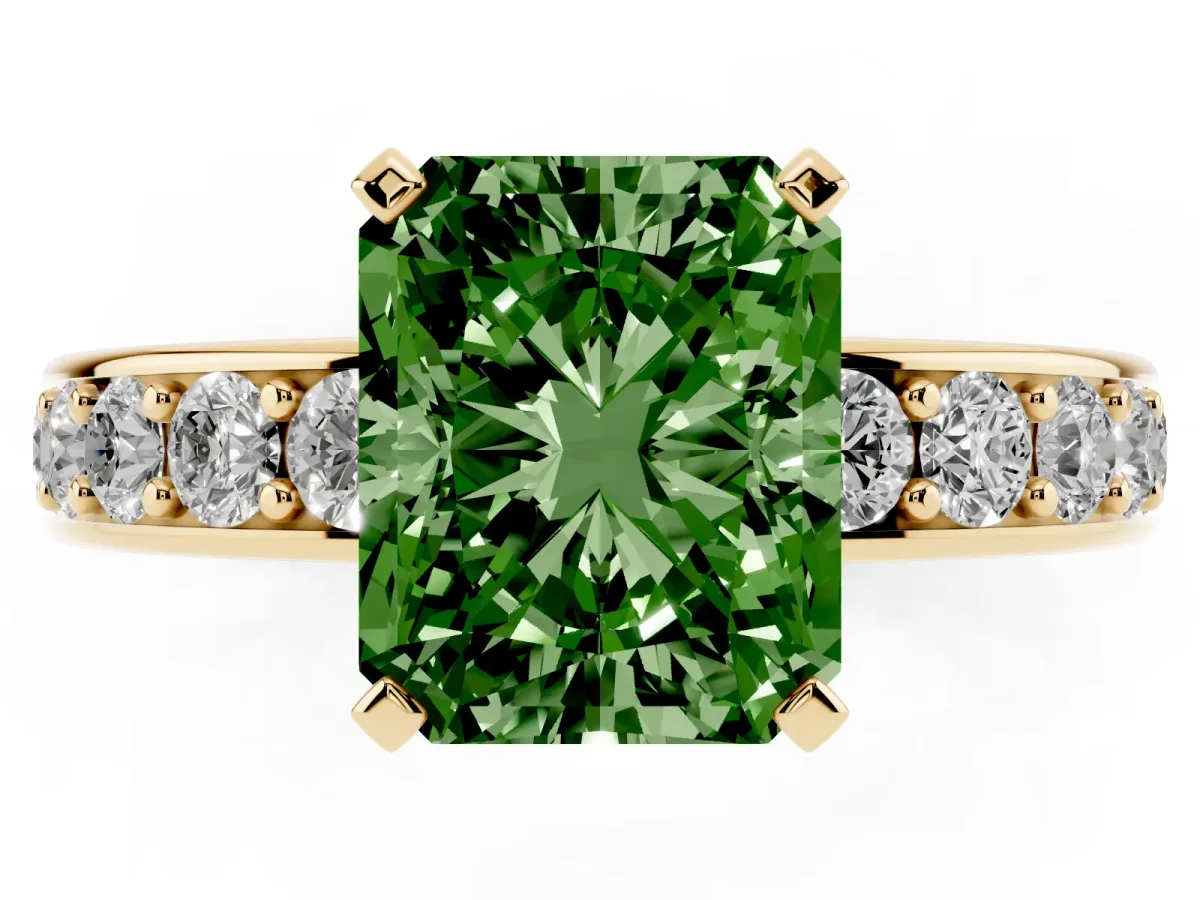 Fancy Green Radiant Cut Diamond Engagement Ring with Channel Set Round Band and Prong Setting Yellow gold