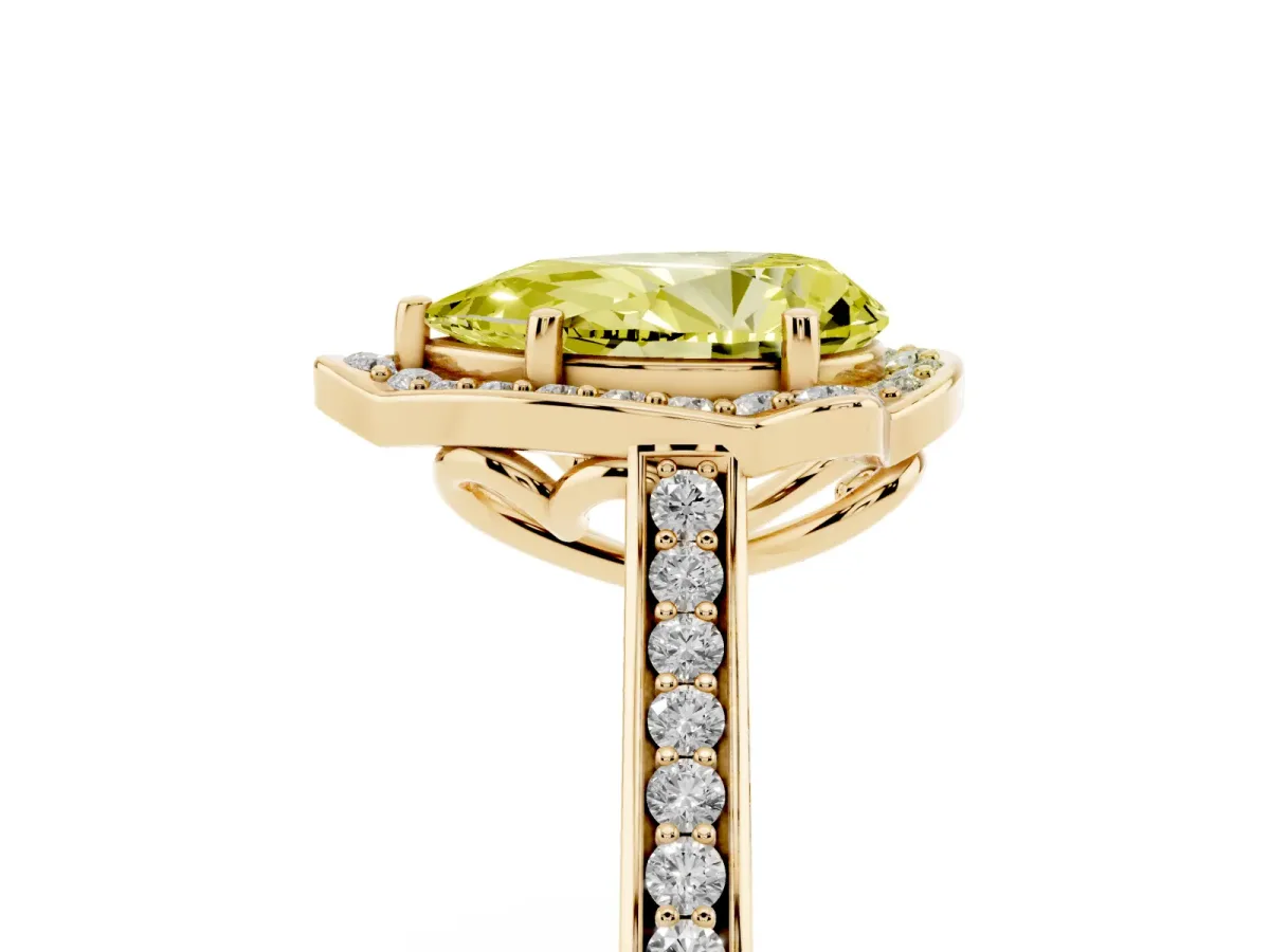 Fancy Yellow Pear Cut Halo Round Diamond Pave Band with Four-Prong Setting Yellow gold