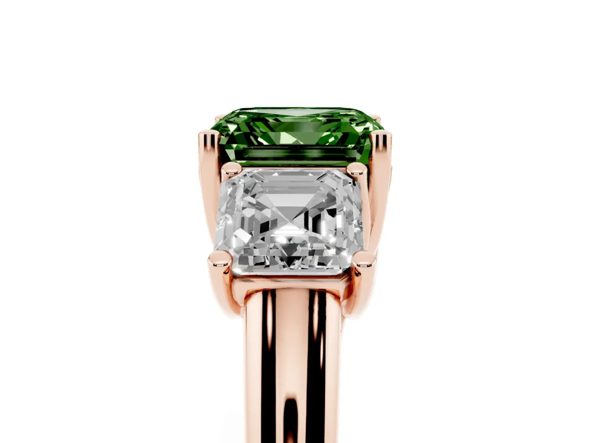 Fancy Green Three-Stone Asscher Cut Diamond Engagement Ring with Prong Setting Rose gold