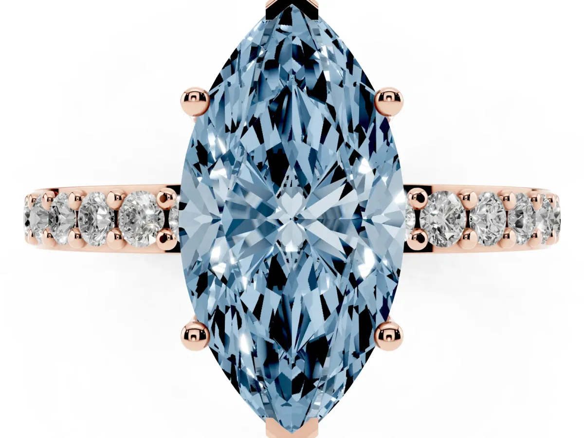 Fancy Blue Marquise Cut Cut Diamond Solitaire with Pave Band and Four-Prong Setting Rose gold