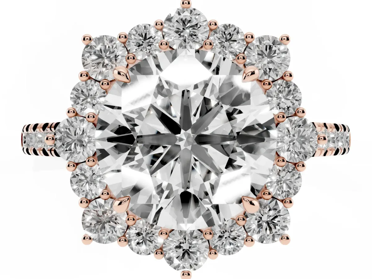 Round Cut Halo Diamond Ring with Pavé Band and Prong Setting Rose gold