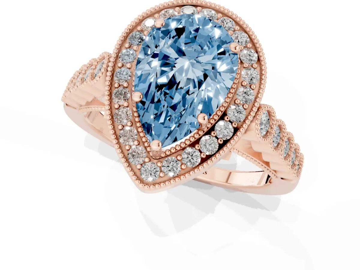 Fancy Blue Pear Cut Halo Milgrain Solitaire with Bezel Set Side Stones and Pave Band Rose gold