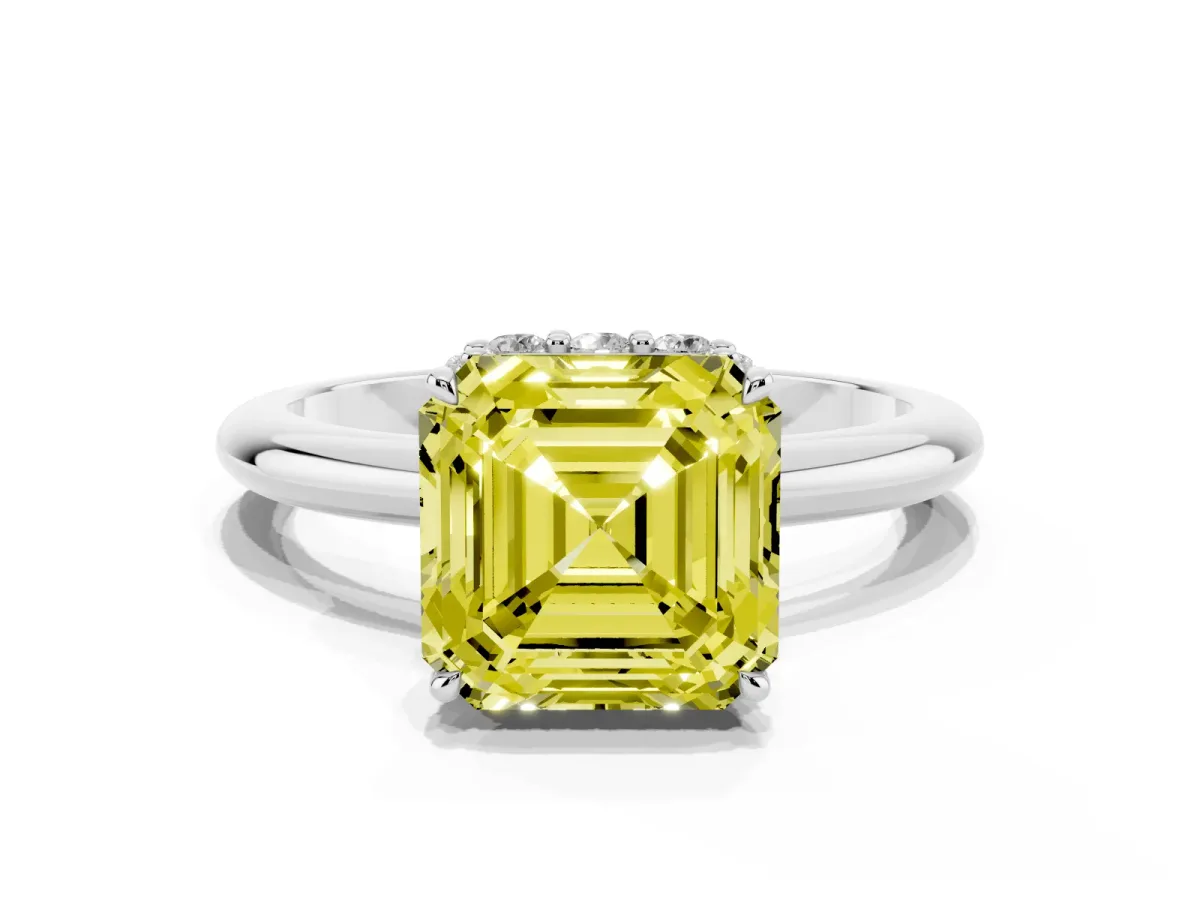 Fancy Yellow Asscher Cut Brilliant Solitaire Engagement Ring with Six-Prong Setting and Classic Band White gold