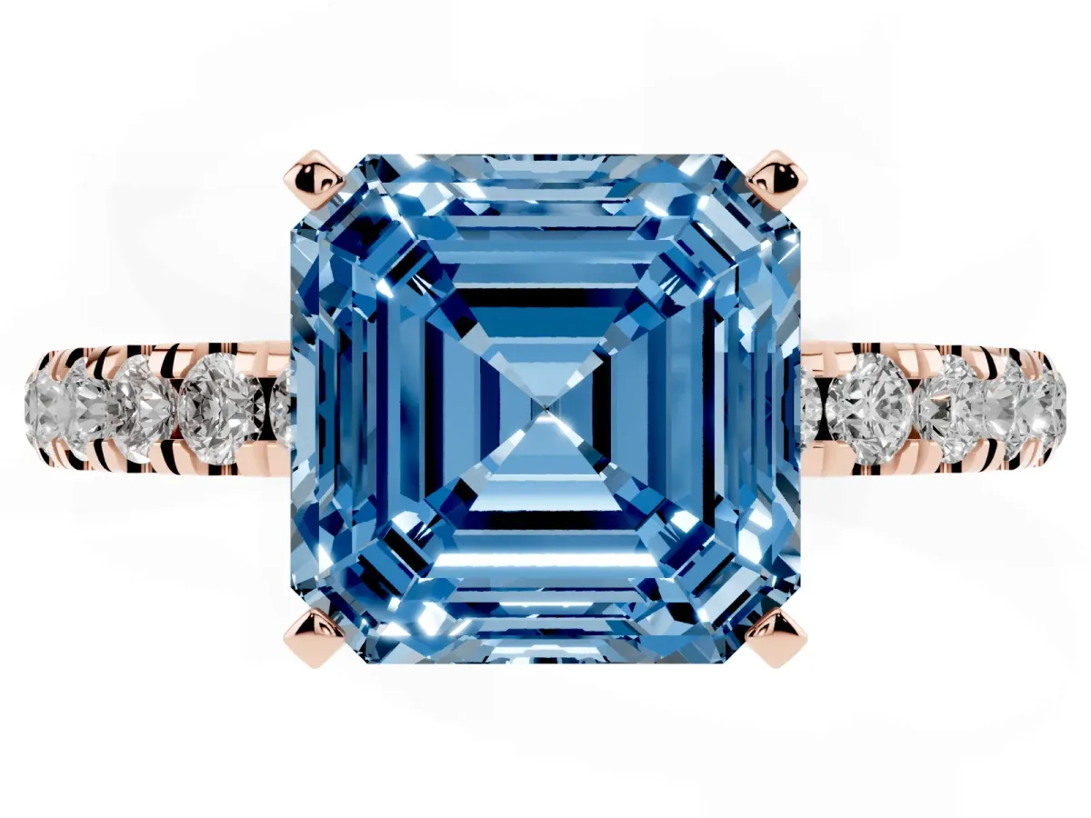 Fancy Blue Asscher Cut Diamond Solitaire Ring with Pavé Accents and Four-Prong Setting Rose gold