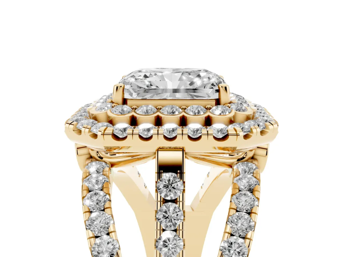 Radiant Cut Diamond Double Halo Ring with Round Pavé Split Shank and Prong Setting Yellow gold