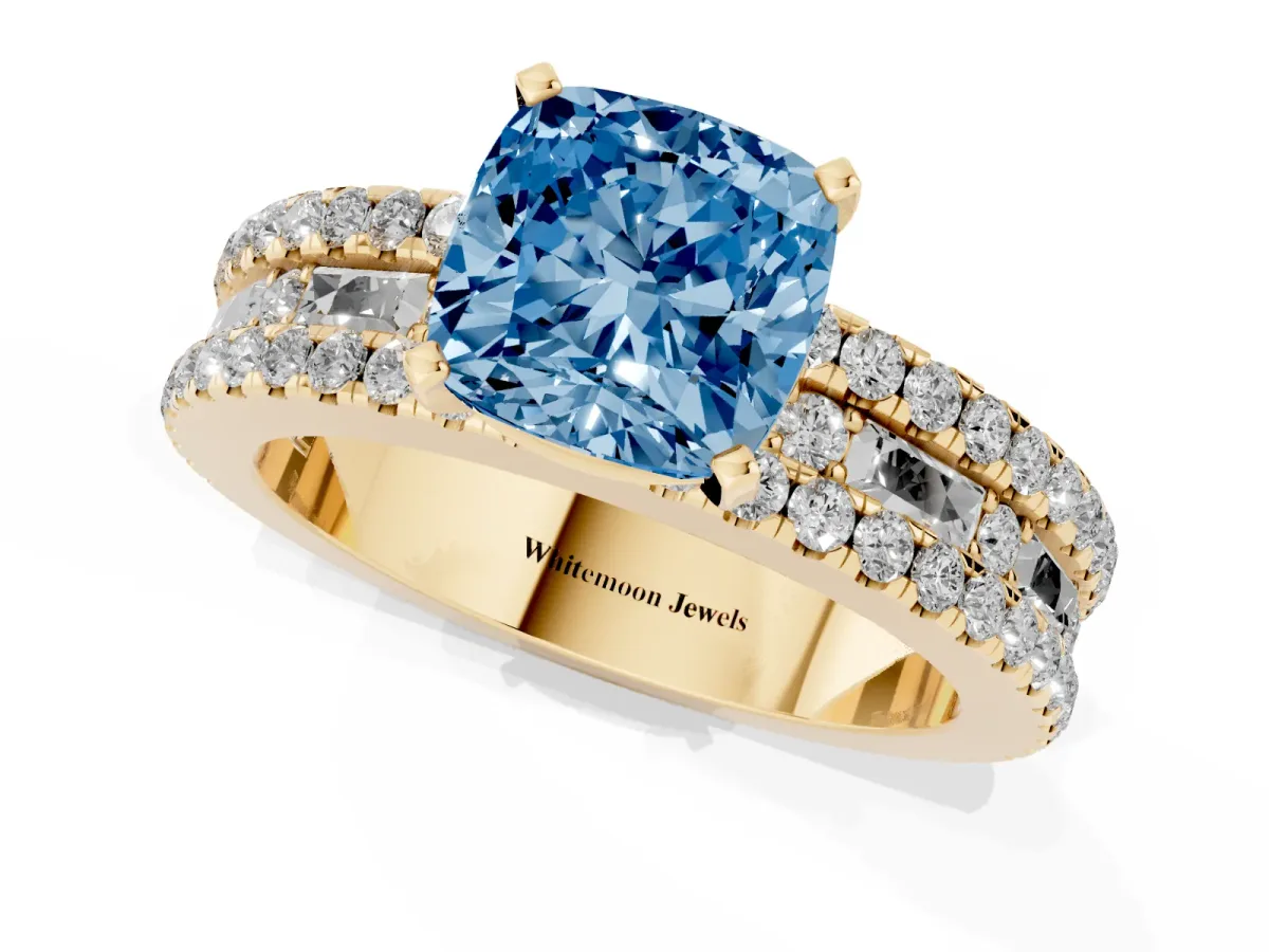 Fancy Blue Cushion Cut Diamond Solitaire Ring with Pavé and Channel Set Band Yellow gold