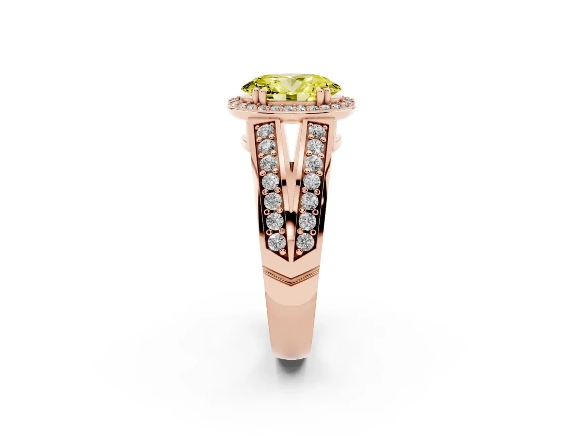 Fancy Yellow Oval Cut Diamond Halo Ring with Split Shank Pavé Band and Four-Prong Setting Rose gold