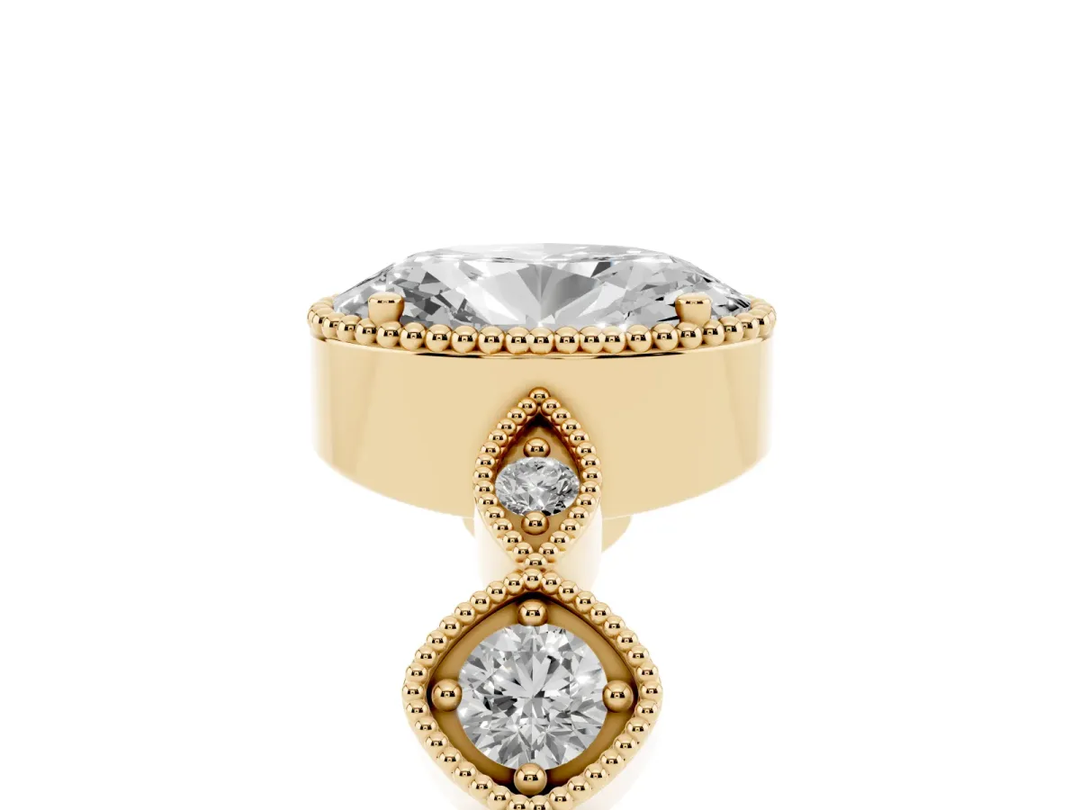Oval Cut Diamond Vintage Milgrain Ring with Round Stations Yellow gold