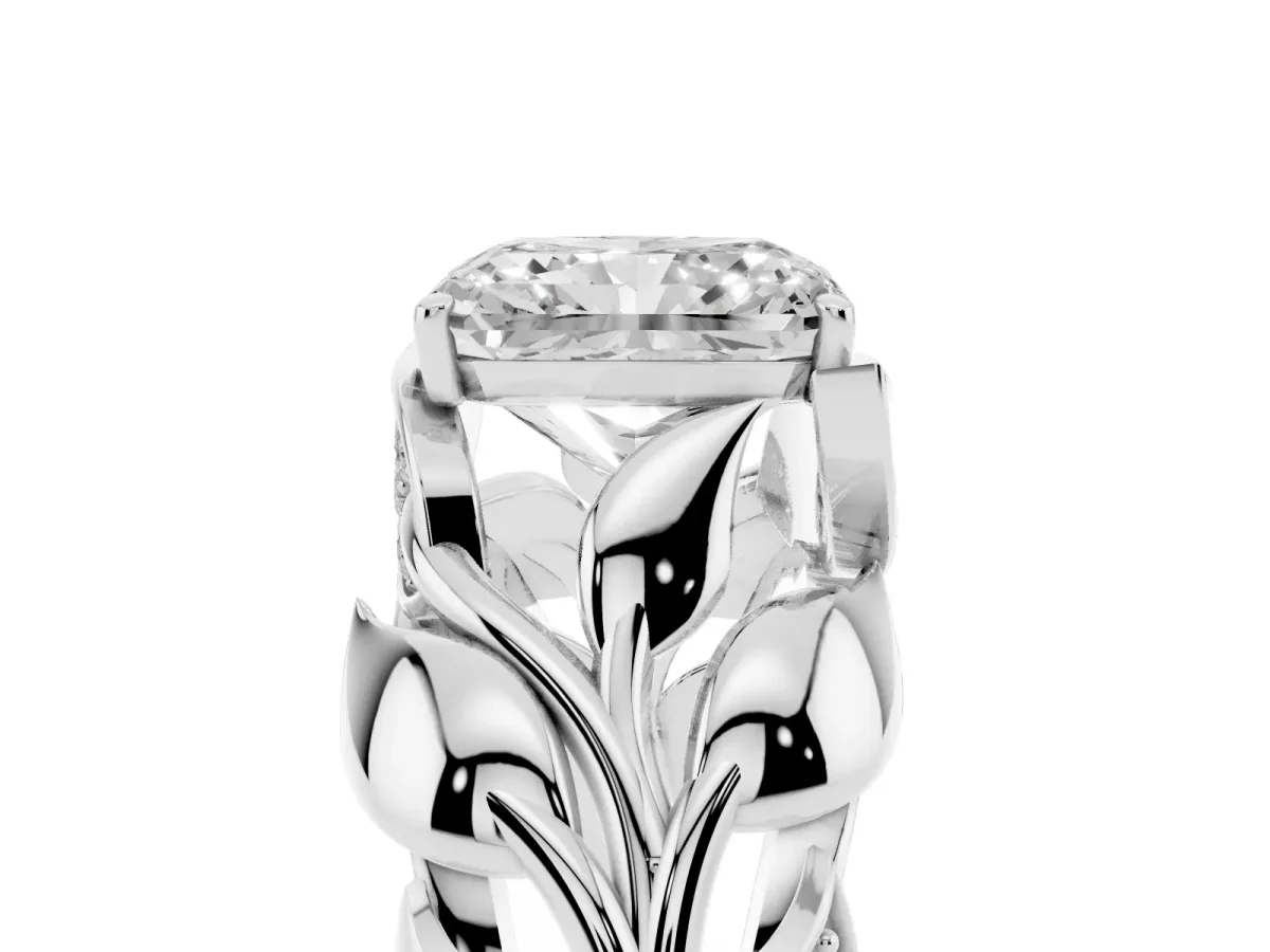 Radiant Cut Diamond Leaf-Inspired Engagement Ring with Round Accents and Prong Setting White gold