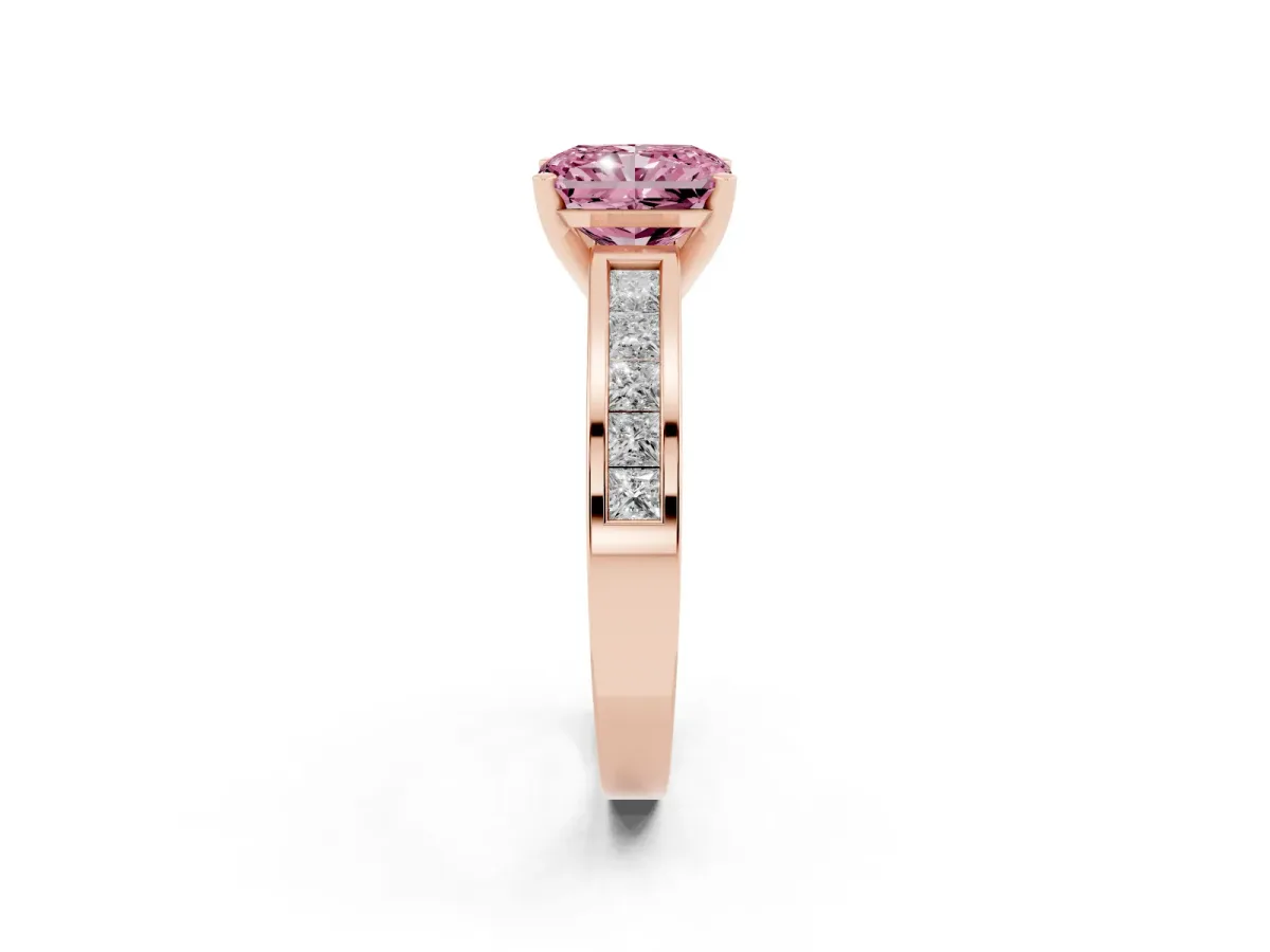 Fancy Pink Radiant Cut Solitaire Diamond Ring with Channel-Set Band and Four-Prong Setting Rose gold