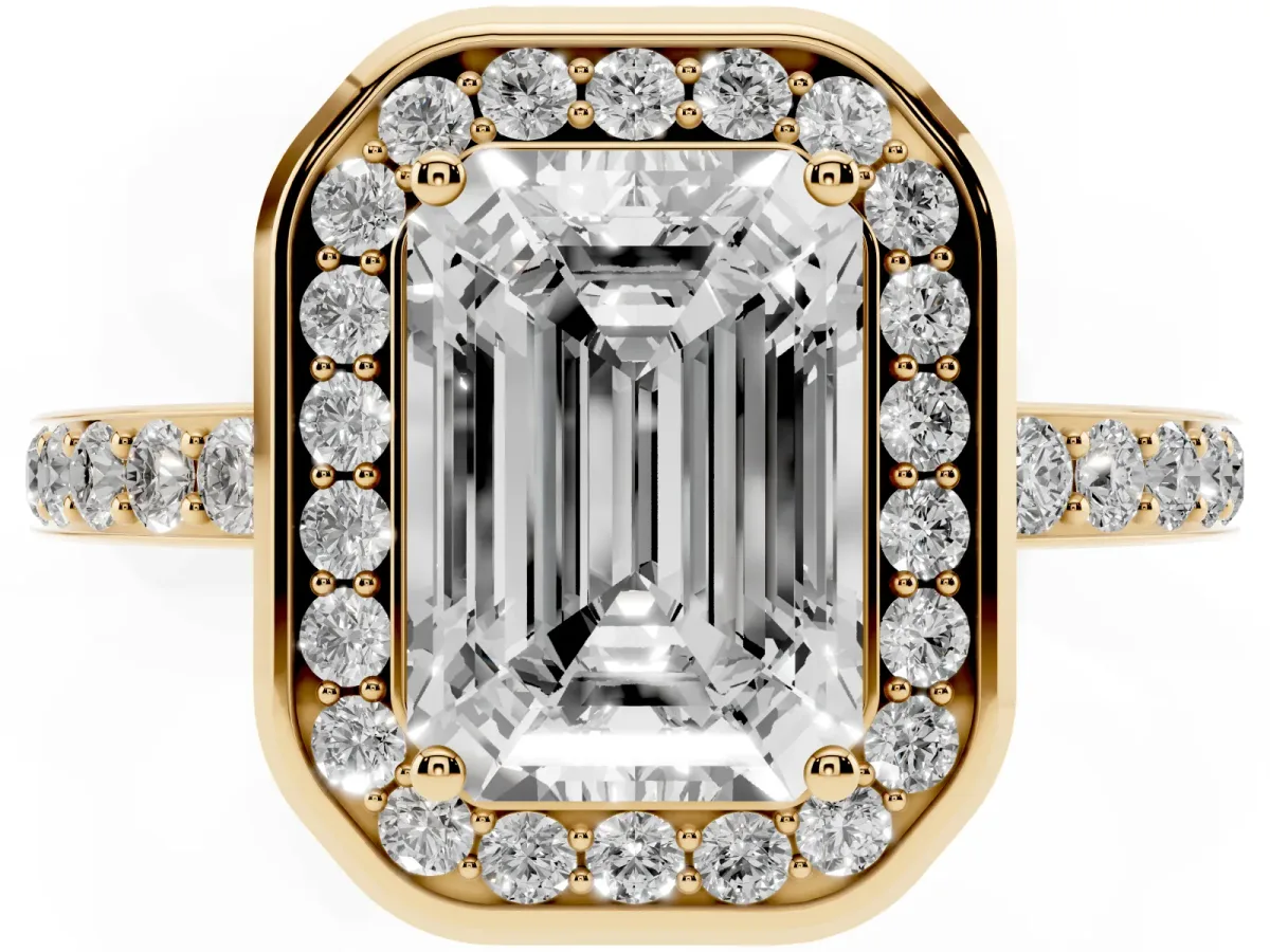 Emerald Cut Diamond Halo Ring with Bezel Frame and Pavé Band Yellow gold