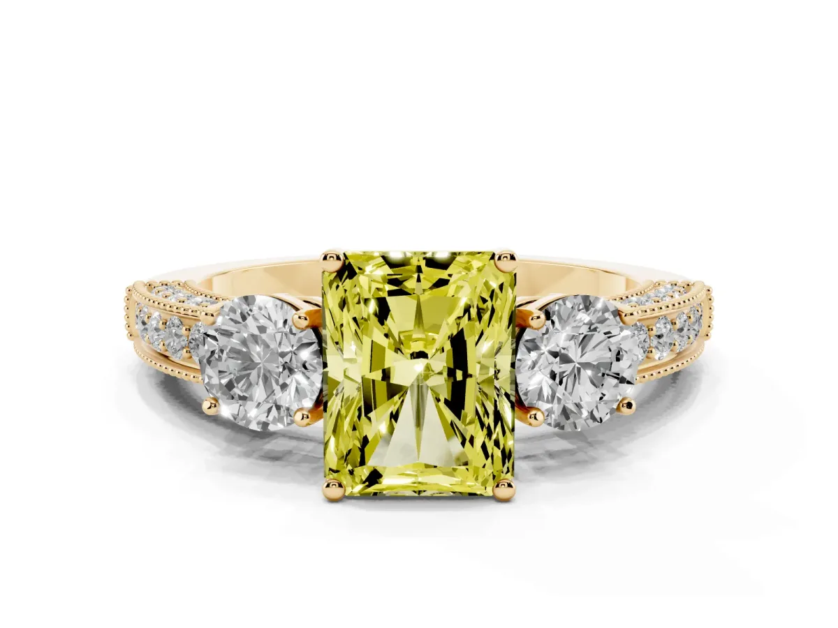 Fancy Yellow Radiant Cut Three-Stone Diamond Ring with Pavé Band and Four-Prong Setting Yellow gold
