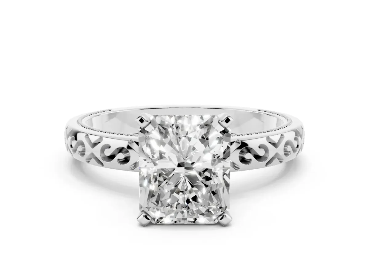Radiant Cut Solitaire Engagement Ring with Scrollwork Band and Four-Prong Setting White gold