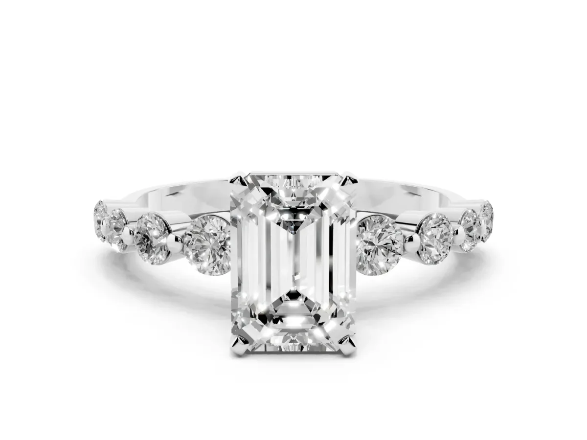 Emerald Cut Solitaire Diamond Ring with Pave Band and Four-Prong Setting Silver