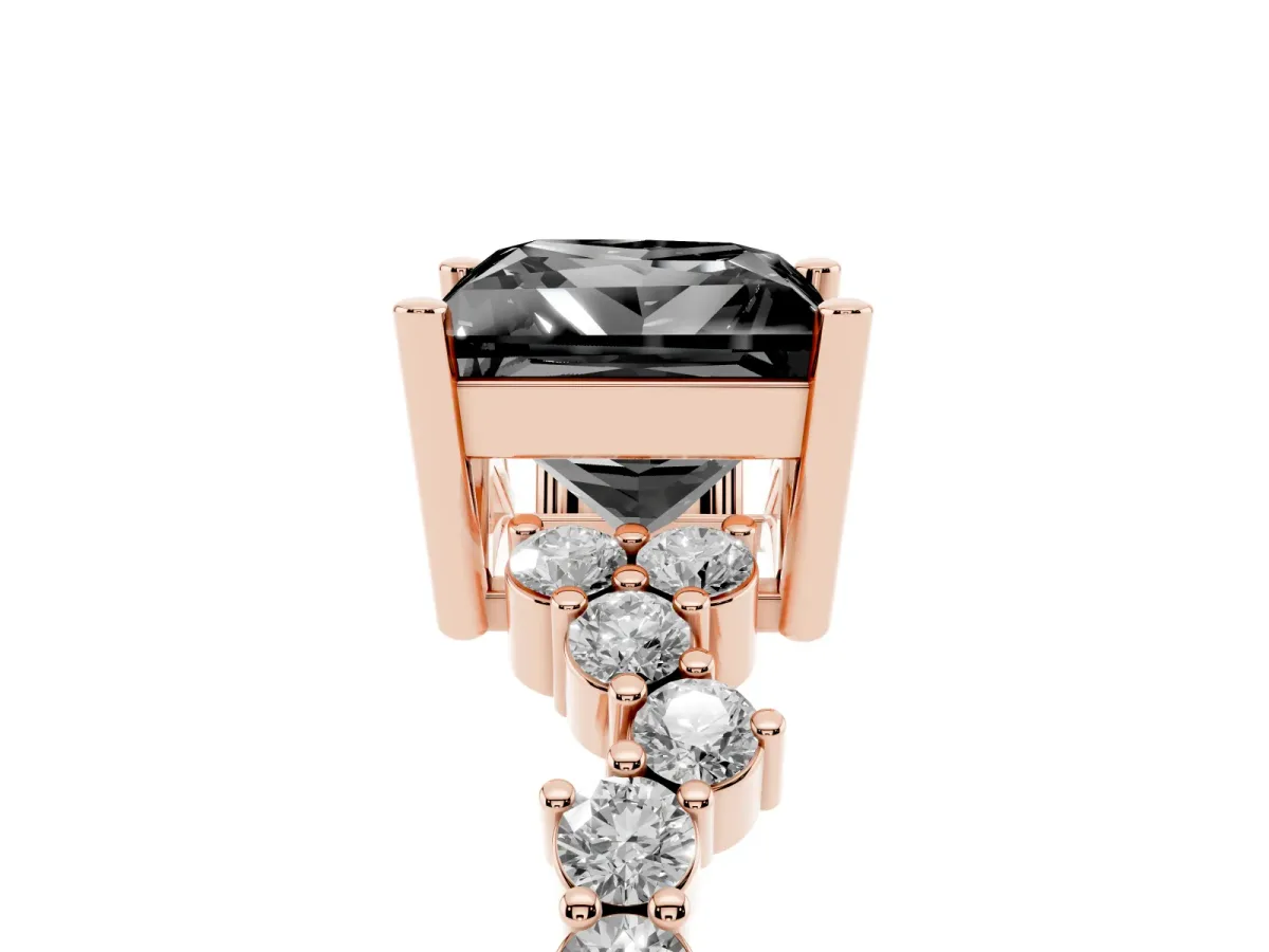 Fancy Black Princess Cut Diamond Scattered Round Accent Ring with Prong Setting Rose gold