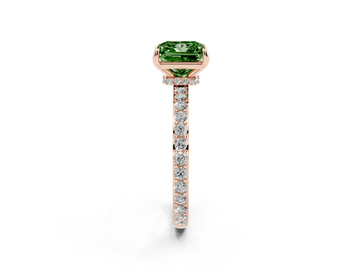 Fancy Green Princess Cut Diamond Pavé Engagement Ring with Round Accents and Prong Setting Rose gold