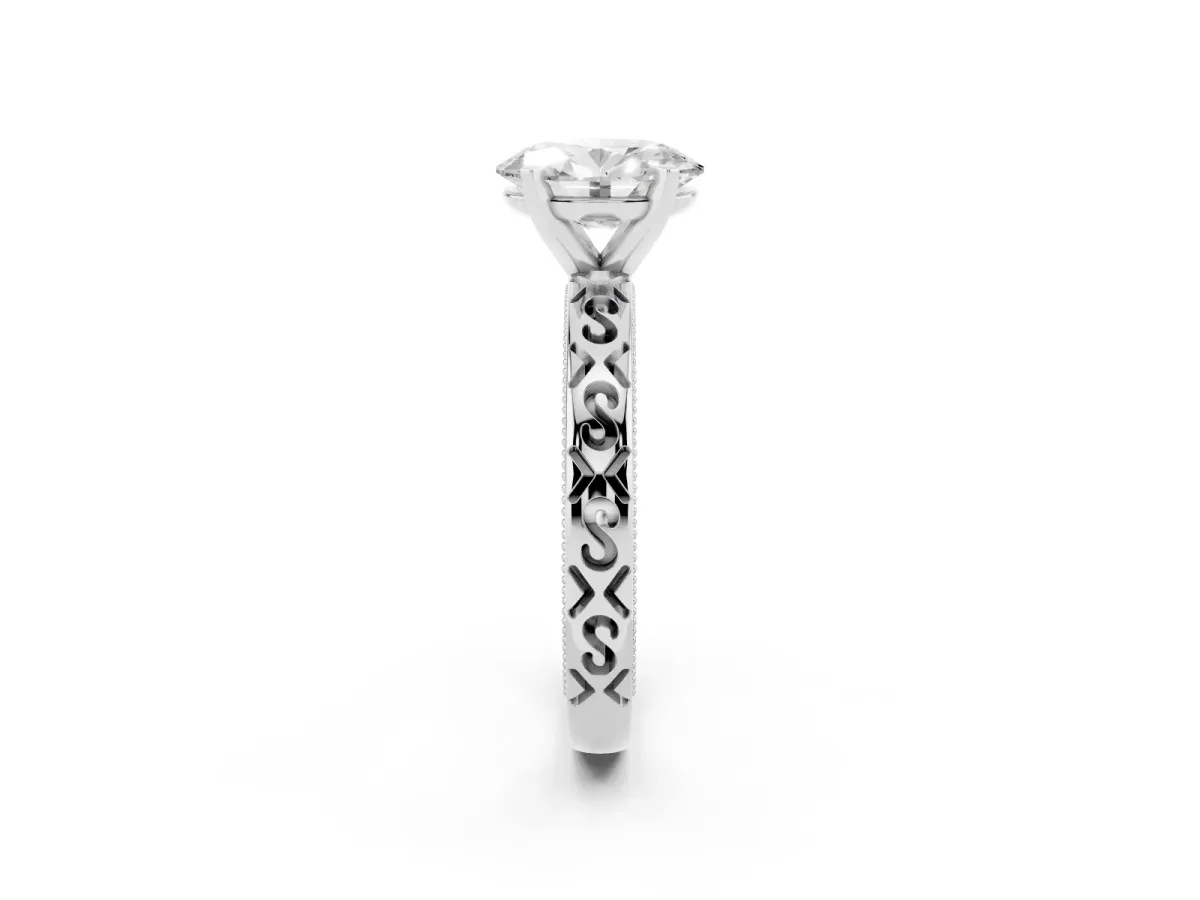Oval Cut Solitaire Engagement Ring with Scrollwork Band and Four-Prong Setting White gold
