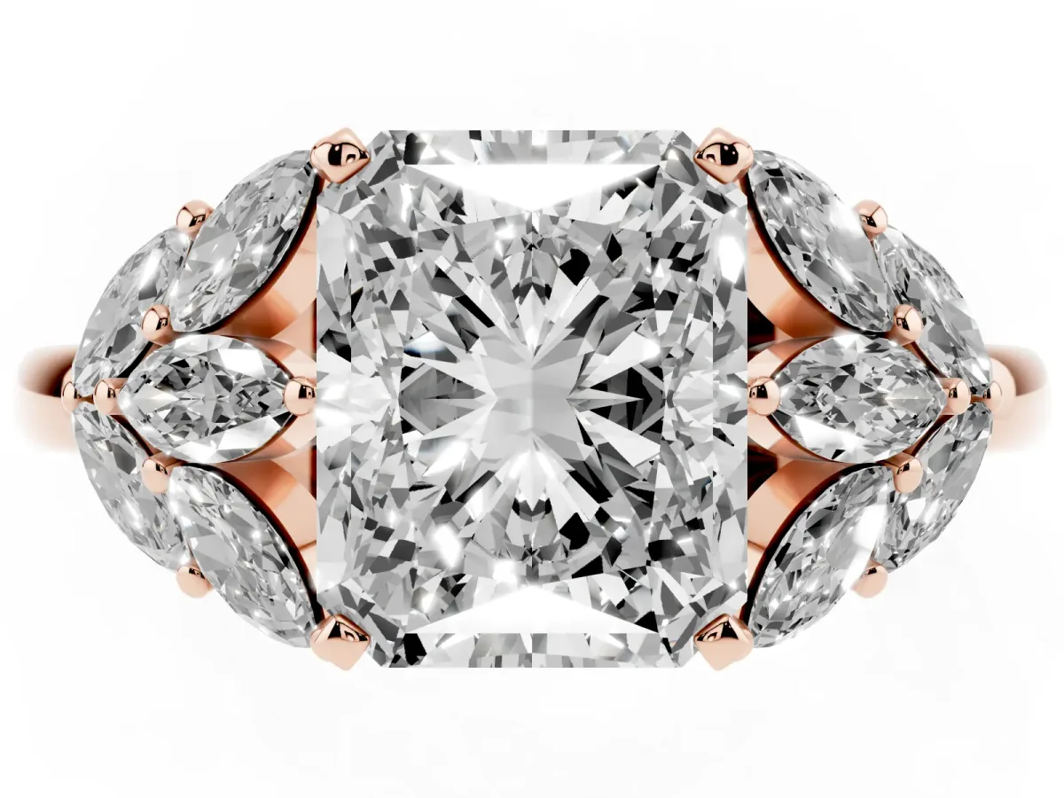 Radiant Cut Diamond Cluster Leaf Design Ring with Prong Setting Rose gold