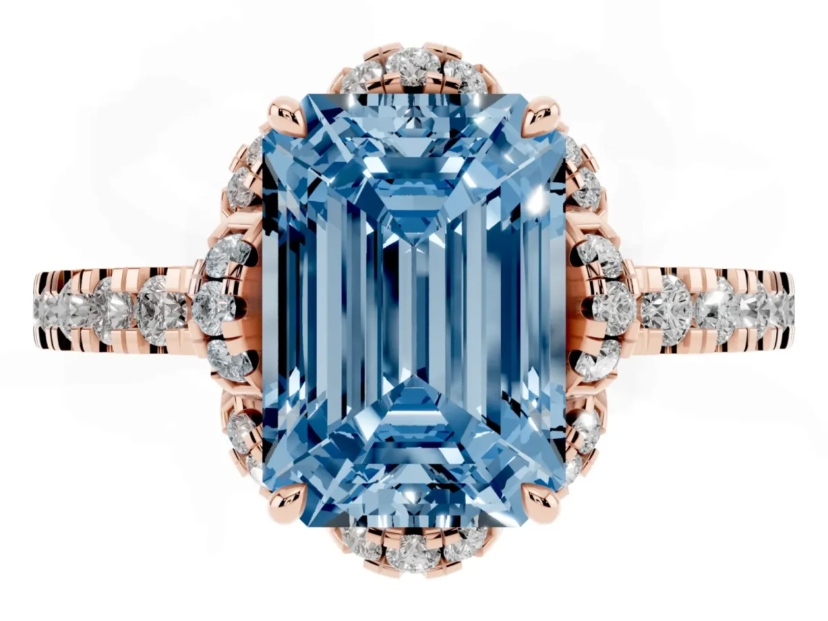 Fancy Blue Emerald Cut Halo Diamond Pave Band Ring with Four-Prong Setting Rose gold