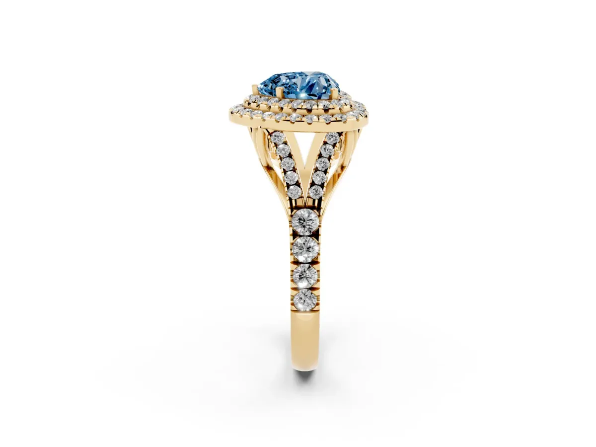 Fancy Blue Heart Cut Cut Double Halo Split Shank Diamond Ring with Prong Setting Yellow gold