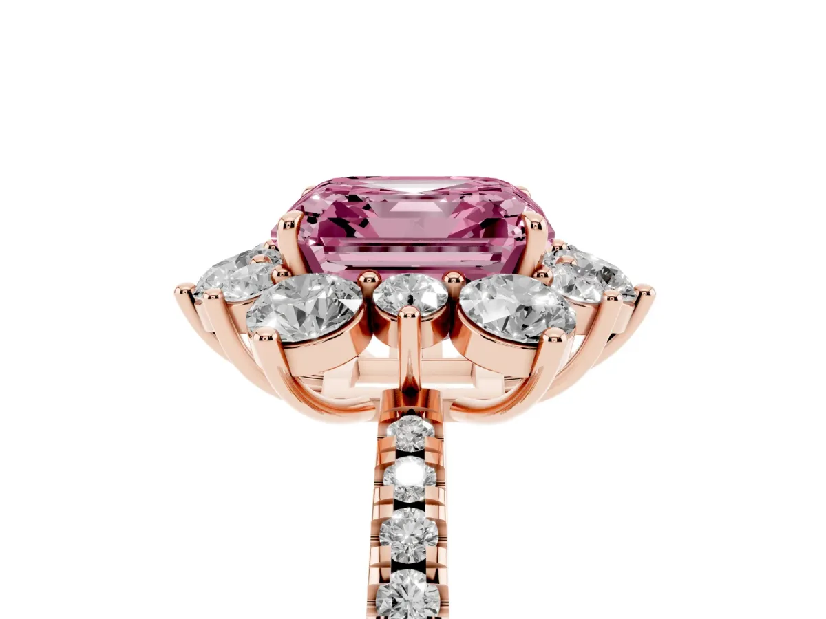 Fancy Pink Asscher Cut Diamond Floral Halo Ring with Round Pavé Band and Prong Setting Rose gold