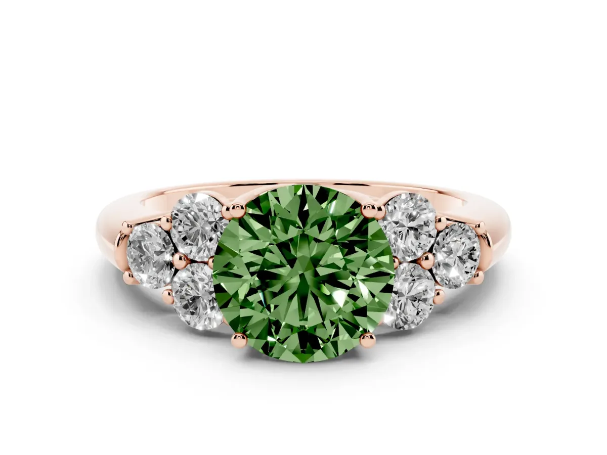 Fancy Green Round Cut Cut Diamond Cluster Ring with Round Accent Stones and Prong Setting on a Classic Band Rose gold