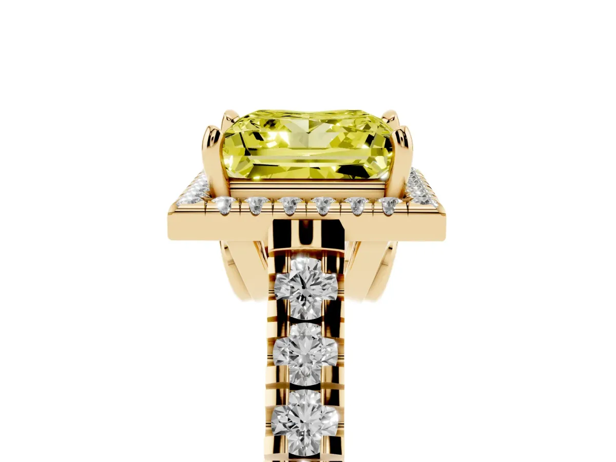 Fancy Yellow Princess Cut Halo Pavé Diamond Engagement Ring with Four-Prong Setting Yellow gold