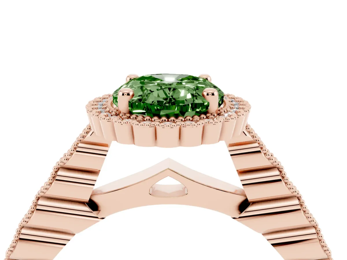 Fancy Green Oval Cut Cut Halo Pavé Solitaire Ring with Milgrain Band Rose gold