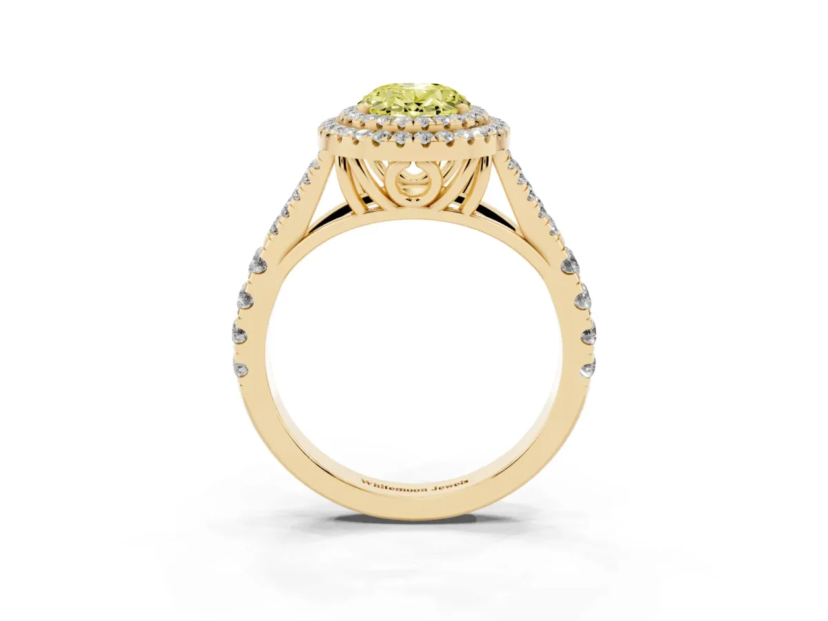 Fancy Yellow Double Halo Oval Cut Diamond Split Shank Engagement Ring with Four-Prong Setting Yellow gold