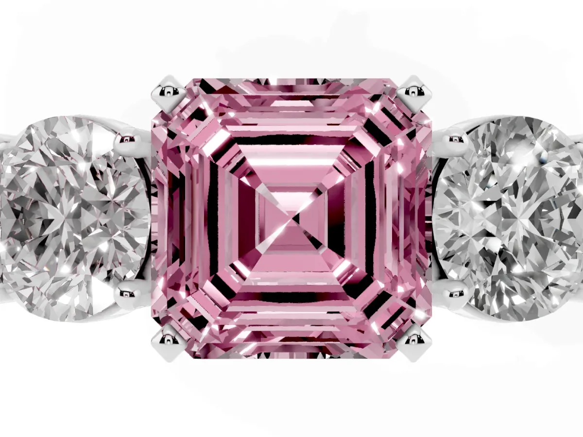 Fancy Pink Three-Stone Asscher Cut Diamond Ring with Round Side Stones, Classic Band, and Four-Prong Setting Silver